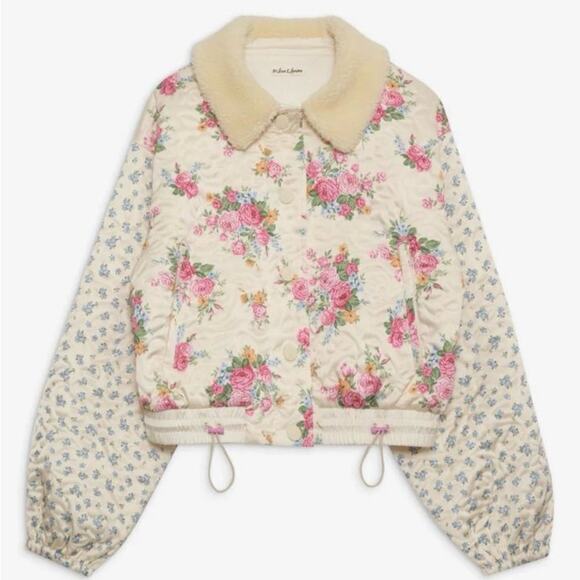 For Love And Lemons Jackets & Blazers - RARE For Love & Lemons Cream Floral Quilted Marlee Cropped Puffer Jacket - XL